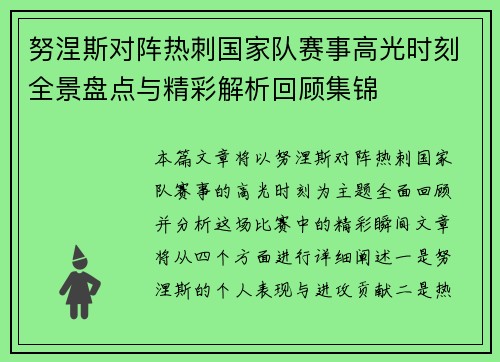 努涅斯对阵热刺国家队赛事高光时刻全景盘点与精彩解析回顾集锦