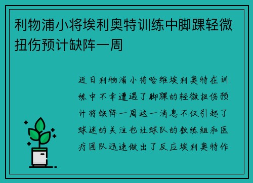 利物浦小将埃利奥特训练中脚踝轻微扭伤预计缺阵一周